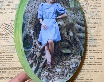 Alice, Fairy, Tree, Blue, Dress, Woods, Forest, Wood, Oval, 5 x 7, Mixed Media, Photo Transfer, Fine Art, Miniature, Wall Decor, Affordable