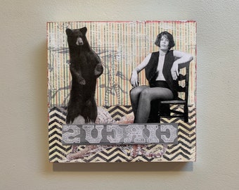 Unique, Fine Art, Original, Art, Photography, Woman, Bear, Circus, Portrait, Wall Paper, Patterned, Mixed Media, Collage, Acrylic, 8 x 8