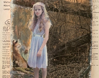 Walk in the Woods, Tree, Purple, Dress, Nature, Fox, Woman, Wood, Mixed Media, Photo Transfer, Art, Miniature, Wall Decor, Affordable, Mini