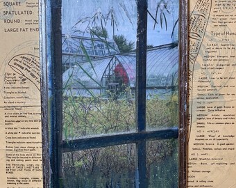 View, Window, Greenhouse, Plants, Green, Blue, Arched, Unique, Affordable, Art, Small, 5 x 7, Wood, Panel, Silver Leaf