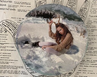 Girl, Round, Tiny Art, Unique Fine Art, 5 x 5, Miniature, Mixed Media, Deer Antlers, Snow, Winter Landscape, Nature, Photography