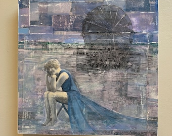 Siren, Mixed Media, Original Art, Fine Art, 12 x 12, Beach, Ferris Wheel, Boardwalk, 1920, Seated Woman, Blue, Ocean