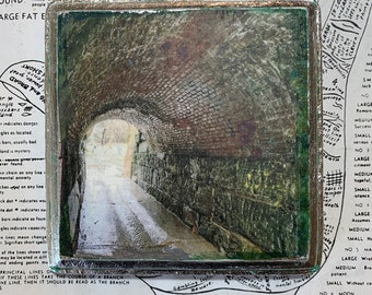 Stone, Passage, Mixed Media, Miniature, Art, 5 x 5, Brick, Tunnel, Silver, Wood, Round, Gift, Wall Decor, Tiny Art