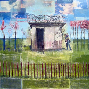 Abandoned Building, Leafless Tree, Fence, 24 x 24, Original Art , Unique Fine Art, Wall Decor image 1