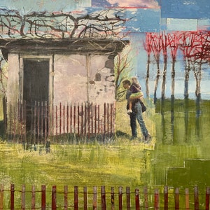 Abandoned Building, Leafless Tree, Fence, 24 x 24, Original Art , Unique Fine Art, Wall Decor image 3