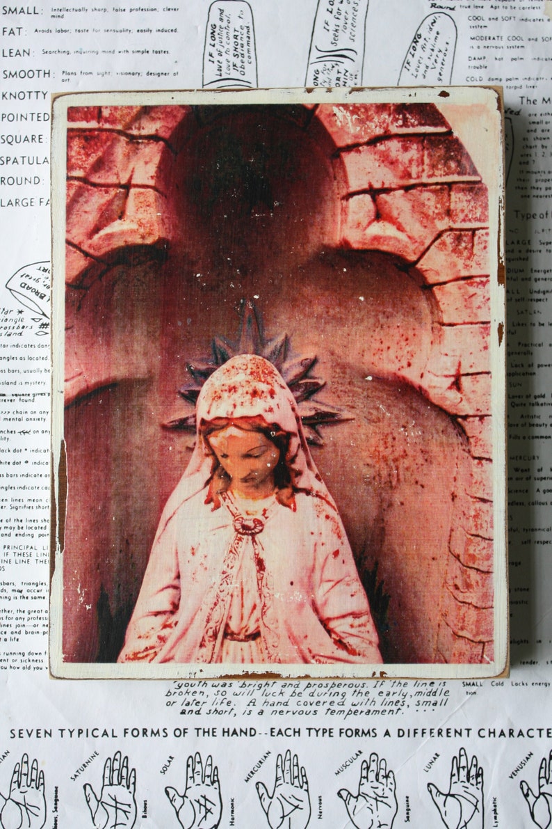 Virgin Mary, Madonna, Statue, 6 x 8, Original, Art, Mixed Media, Miniature, Photography, Upcycled, Wood, Peach, Stained image 2