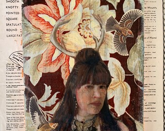 Girl, Antlers, Flowers, Bird, Unique, Fine Art, 6 x 8, Miniature, Mixed Media, Reclaimed Wood,  Landscape, Nature, Photography, Decor