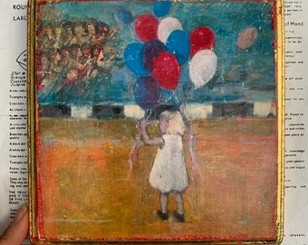 Balloons, Popping, Angels, Girl, Landscape, Original, Mixed Media, Miniature, 6.5 x 6.5 Inches, Wood, Panel, Square, Gold