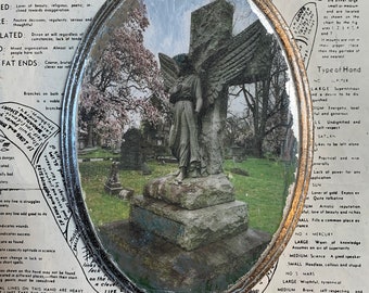 West Laurel Hill, Cemetery, Stone, Statue, Memorial, Cherry, Tree, 5 x 7, Fine Art, Miniature, Mixed Media, Photography, Wood, Oval