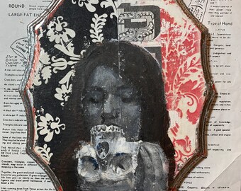 Woman, Skull, Prayer, Circus, Floral, Unique, Fine Art, 6 1/2 x 9, Miniature, Mixed Media, Circus, Photography, Scalloped, Silver Leaf