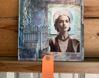 Categories, Woman, Blue, Black and White, 8 x 8, Collaged Photograph, Metal Nails, Removable Orange Tag, Wood, Wall, Art, Unique Fine Art