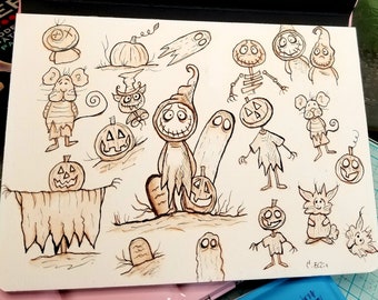 Cute Grimmy doodles Halloween original all ink Sepia Illustration