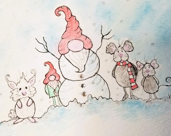 Mignon « boo boo » gnome de Noël illustration originale à l’encre et à l’aquarelle