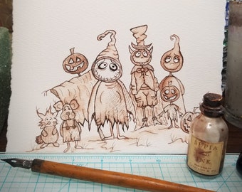 Cute Grimmy and ghost Halloween original all ink Sepia Illustration