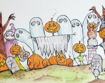 Mignon Grimmy et fantôme Halloween encre originale et illustration aquarelle signée art