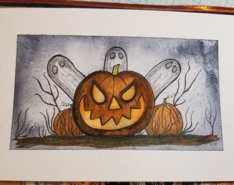 Jolie illustration originale d'Halloween signée à l'encre et à l'aquarelle 8 1/2 x 5 1/2