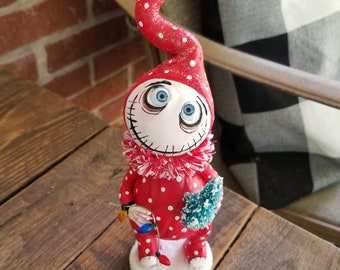 Adorable Christmas Grimmy art doll holding his very own bottle brush tree made to order