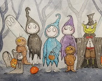 Cute Grimmy and the gang Halloween watercolor painting