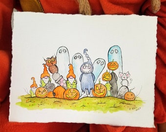 Mignon Grimmy et fantôme Halloween encre originale et illustration aquarelle signée art
