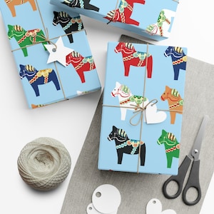 Scandinavian Dala Horse Gift Wrap, Swedish Design for Christmas, Matte & Satin Paper Options, GreenGuard Inks, 30x20 Inches