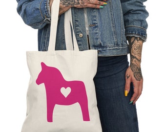 Swedish Dala Horse Natural Tote Bag, Scandinavian Reusable Shopping Bag, Eco-Friendly Cotton Grocery Bag, Swedish Gift Idea, Sustainable