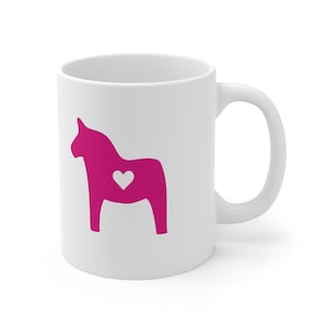 Swedish Dala Horse with Heart Ceramic Mug 11oz, fuchsia