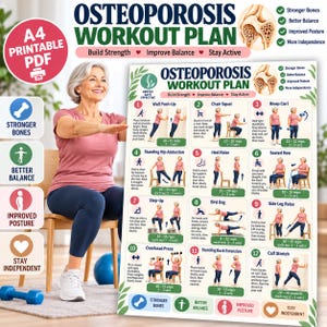 May include: An A4 printable PDF titled Osteoporosis Workout Plan featuring twelve illustrated exercises with instructions. The chart includes sections for stronger bones, better balance, improved posture, and staying independent with bone graphics.