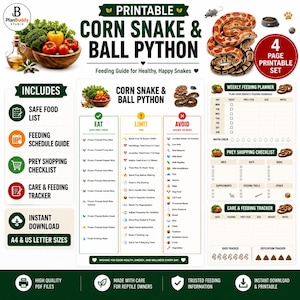 Puede incluir: Una guía imprimible de cuatro páginas para el cuidado de serpientes del maíz y pitones bola, que incluye un calendario de alimentación, una lista de compras de presas y un rastreador de cuidados, con listas de alimentos seguros y riesgosos.
