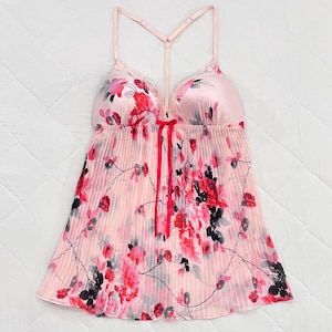 Sheer Floral Babydoll Dress in Pleated Mesh, Pink Red Watercolor Empire Waist Lingerie, Fairycore Princess Aesthetic, Floaty Romantic