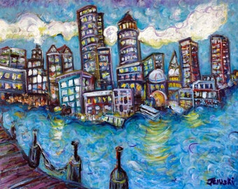 Custom Painted - Boston Harbor -  30" Wide x 23" Tall,  Limited Edition Stretched Canvas by Painter Jason Gluskin