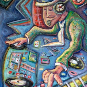 May include: A colorful abstract painting of a person wearing a hat and headphones, playing a record player. The painting is done in a vibrant style with bold colors and thick brushstrokes.