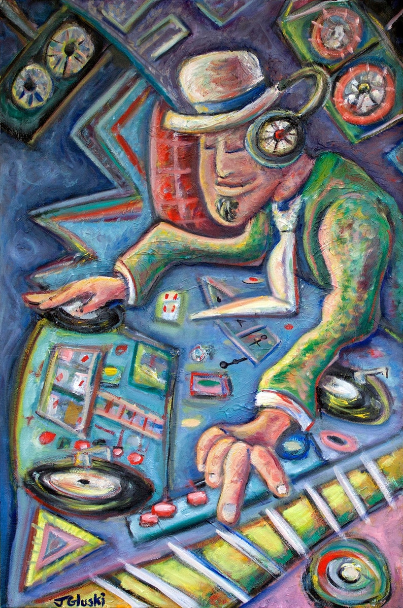May include: A colorful abstract painting of a person wearing a hat and headphones, playing a record player. The painting is done in a vibrant style with bold colors and thick brushstrokes.