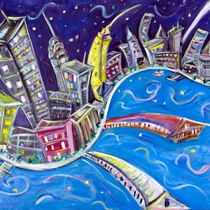 NYC Nights - Stampa su carta da 18" di alta qualità di J. Gluskin di New York