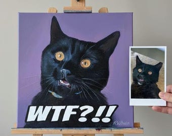 Personalisiertes Katzenporträt, Wandkunst auf Holz – Meme-Style, Handgemalt, Geschenk Illustration, handgemacht in Acryl, Katzenliebhaber
