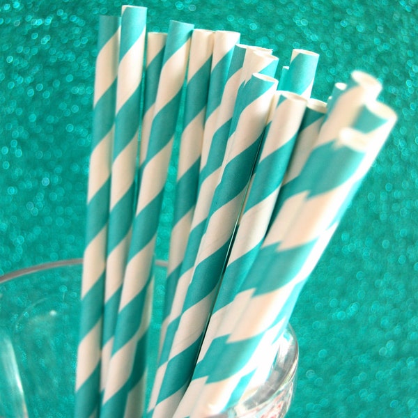 Teal Striped Paper Straws and PDF Printable Party Flags