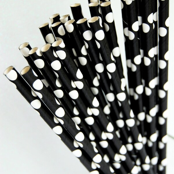 25 Black with White Polka Dot Paper Straws and PDF Printable Party Flags