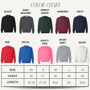 a color chart for youth sweatshirts, showing the different colors available and their corresponding sizes.