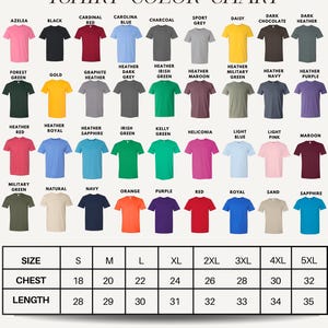 The image is a color chart displaying various t-shirt colors and sizes, along with corresponding descriptions.