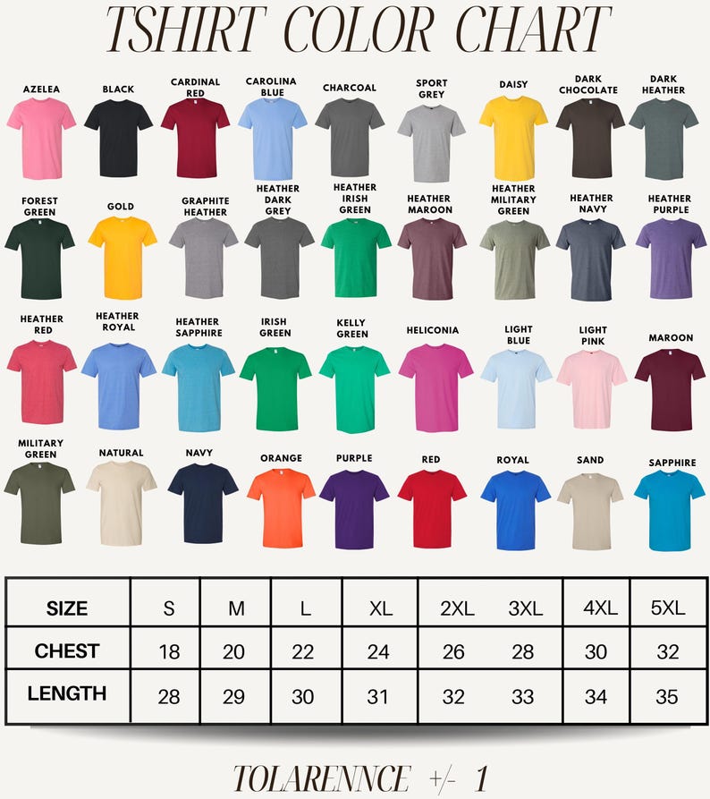 The image is a color chart displaying various t-shirt colors and sizes, along with corresponding descriptions.