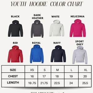 The image is a color chart for youth hoodies, displaying different color options and corresponding sizes.