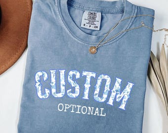 Custom Comfort Colors® Blue Floral Shirt, Custom Text Shirt, Personalized Toile Gift, Custom Name T-shirt, Inspired Custom Matching Shirt