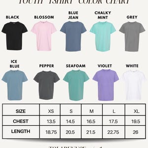 a color chart for youth t-shirts, showing the different colors available and their corresponding sizes.