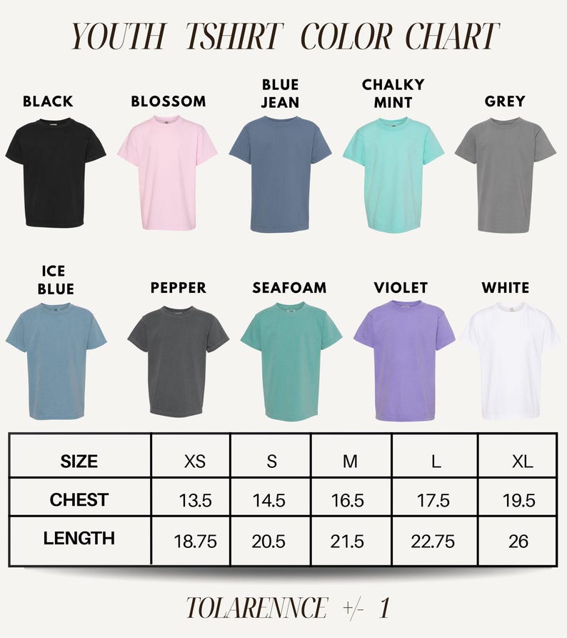 a color chart for youth t-shirts, showing the different colors available and their corresponding sizes.