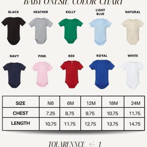 The image is a color chart for baby onesies, displaying various color options such as black, heather, kelly, blue, natural, navy, pink, red, royal, white, and a size chart for different chest and length measurements.