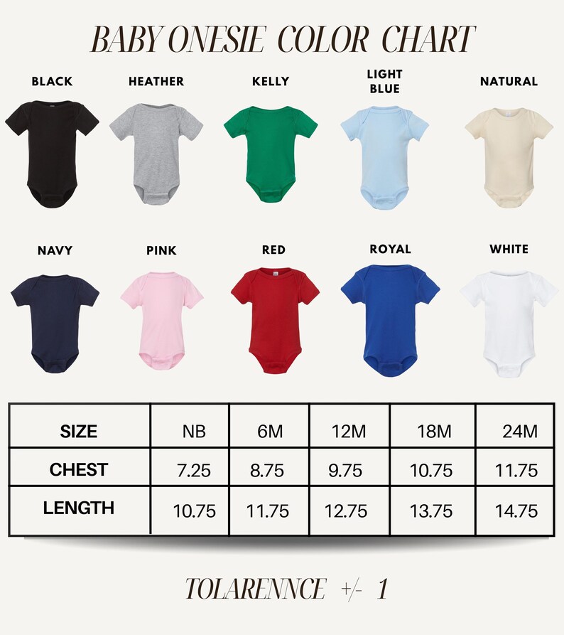 The image is a color chart for baby onesies, displaying various color options such as black, heather, kelly, blue, natural, navy, pink, red, royal, white, and a size chart for different chest and length measurements.