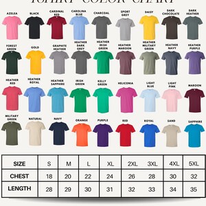 The image is a color chart displaying various t-shirt colors and sizes, along with corresponding descriptions.