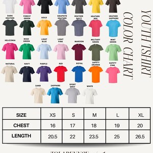 The image is a color t-shirt chart displaying various t-shirt designs in different colors, sizes, and styles.