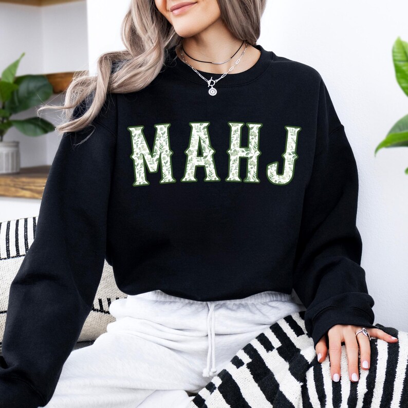 Green Toile MahJong Sweatshirt for Women Cute Floral Mahjongg Hoodie Green Chinoiserie Mahj Girl Group Apparel Mah-Jongg Enthusiast Sweater image 5