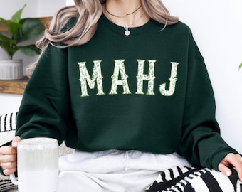 Green Toile MahJong Sweatshirt for Women Cute Floral Mahjongg Hoodie Green Chinoiserie Mahj Girl Group Apparel Mah-Jongg Enthusiast Sweater
