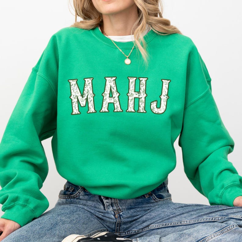 Green Toile MahJong Sweatshirt for Women Cute Floral Mahjongg Hoodie Green Chinoiserie Mahj Girl Group Apparel Mah-Jongg Enthusiast Sweater image 4